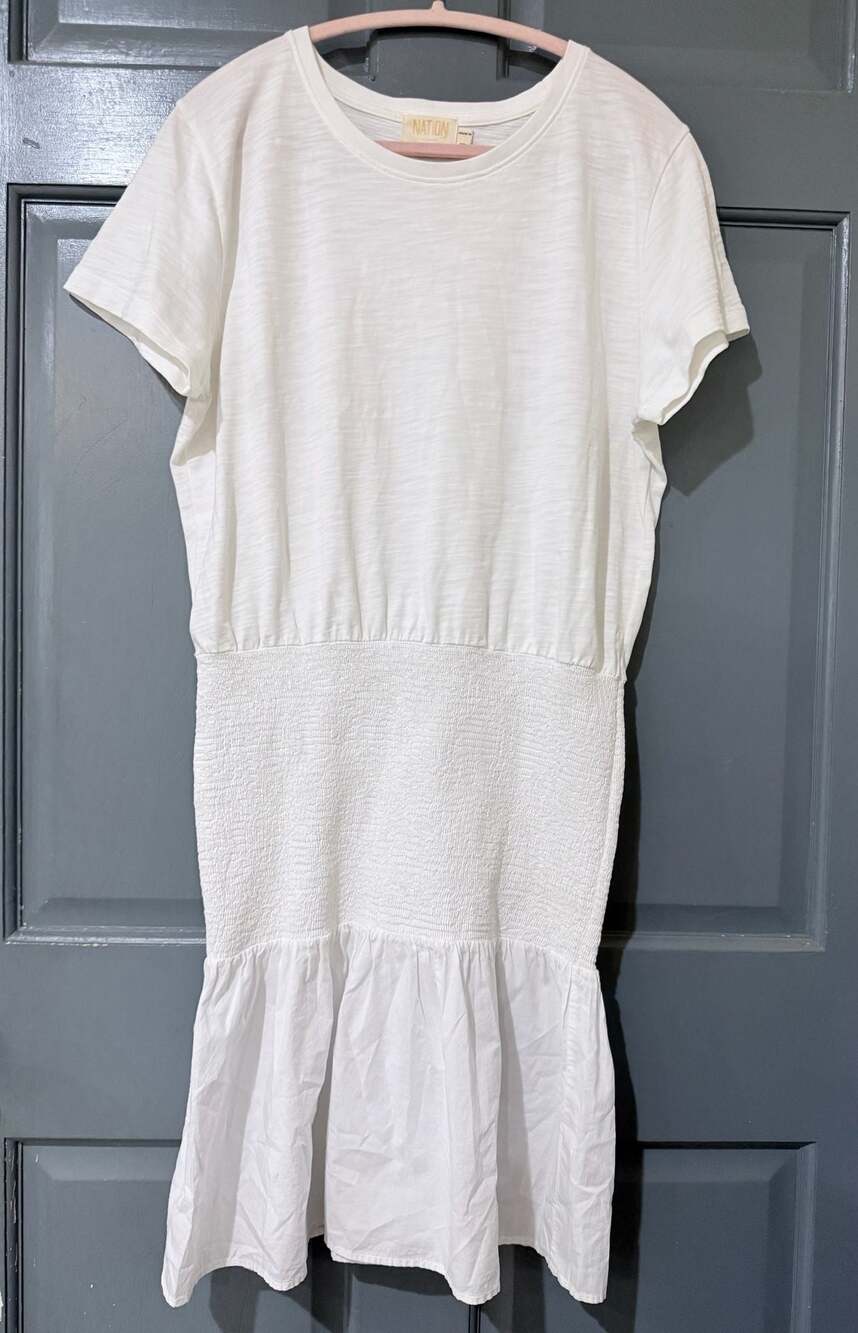 NATION LTD Kacy Combo White Smocked DropWaist Mini Dress Ruffle Hem, Size M
